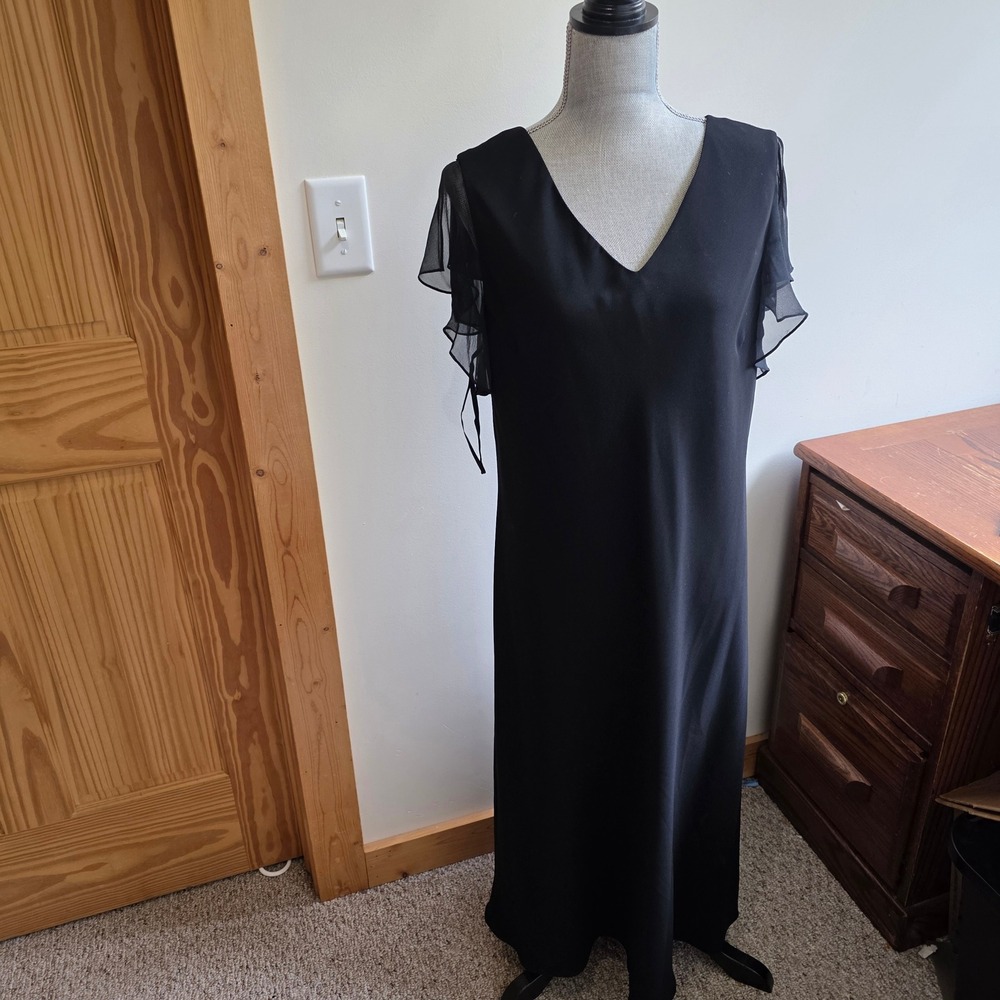 Jones New York Dress Black Ruffle Flutter Sleeve Maxi Gown Vintage 16W Fairy
